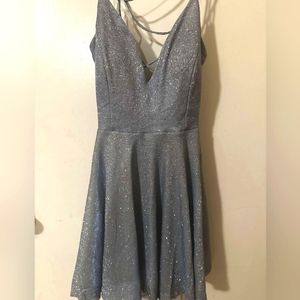 Cinderella style, glittery baby blue dress. Mid thigh